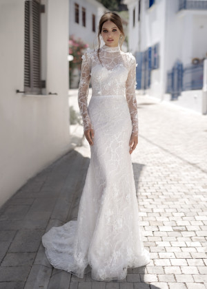 Long Sleeves Beaded Ivory Lace Tulle Exquisite Wedding Dress